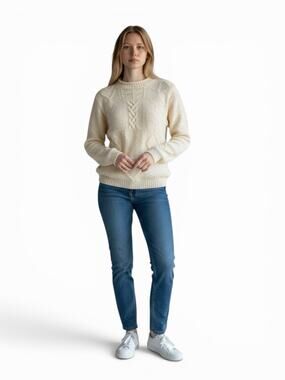 Vintage Cape Isle Knitters Aran Fisherman Cable Knit Wool Cream Sweater Womens L